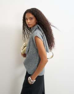 Knitted tie neck top in grey