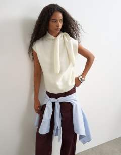 Knitted tie neck top in ivory 