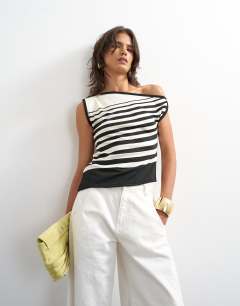 Knitted tie shoulder asymmetric top in black and ecru