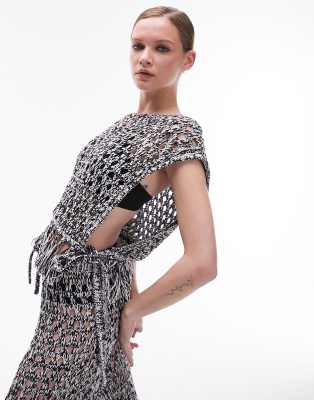 Topshop Knitted Tie Side Beach Top In Monochrome-multi In Multi