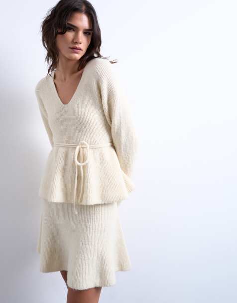 Topshop knitted tie waist peplum co-ord top in ivory - view 1