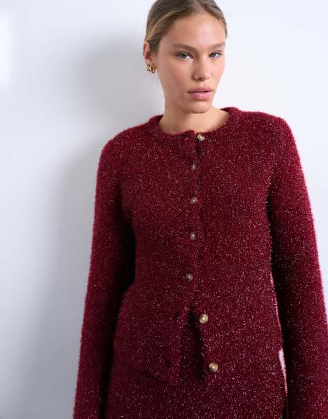 Topshop knitted tinsel cardigan in burgundy - view 1
