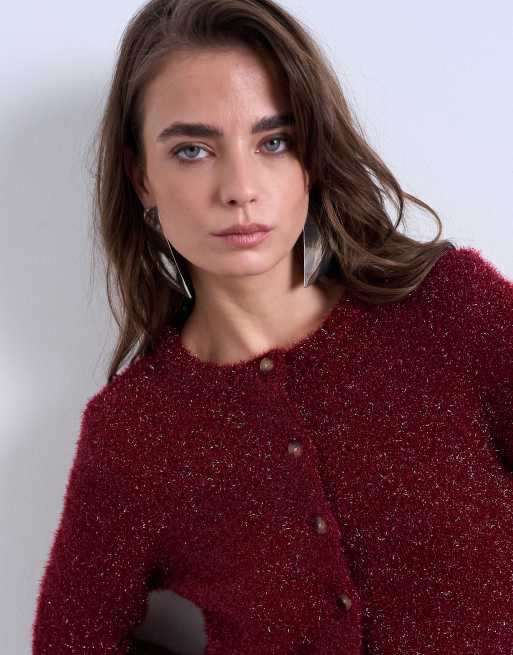 Topshop knitted tinsel cardigan in burgundy