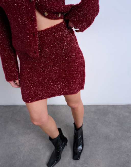 Topshop knitted tinsel co-ord skirt in burgundy, 4 of 5