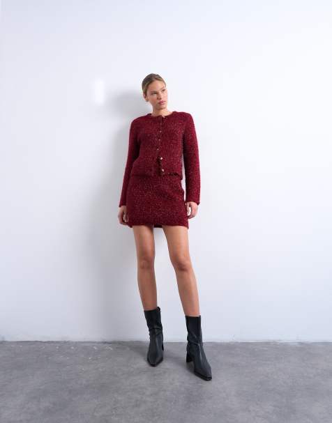 Topshop knitted tinsel skirt in burgundy (part of a set) - view 1