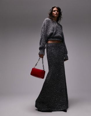 TOPSHOP KNITTED TINSEL SKIRT IN CHARCOAL-GRAY
