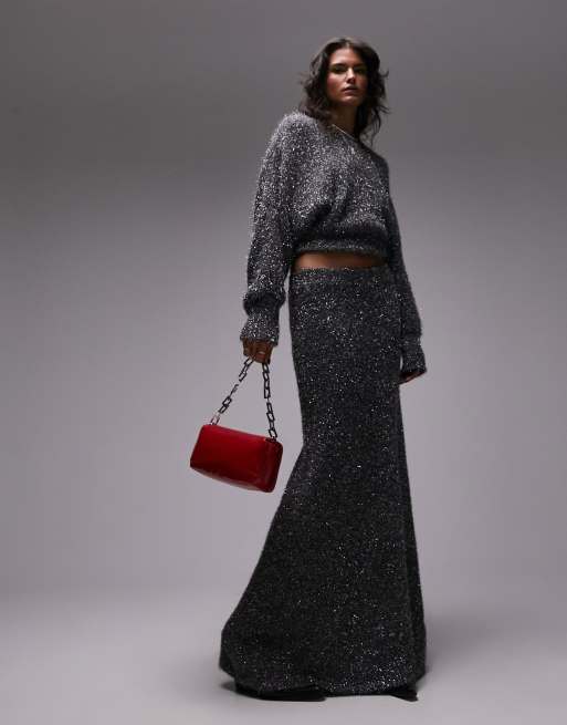 Topshop knitted tinsel skirt in charcoal