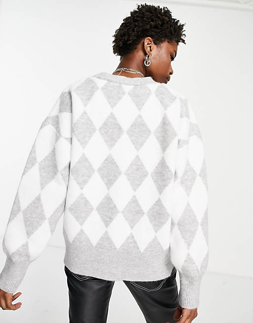 Jumpers & Cardigans Topshop knitted tonal argyle cardi in grey marl 
