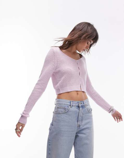 Topshop knitted towelled micro cardi in pink - view 1