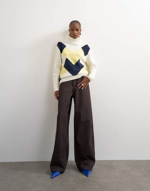 Topshop knitted turtleneck wool blend intarsia chevron sweater in ivory, 2 of 4