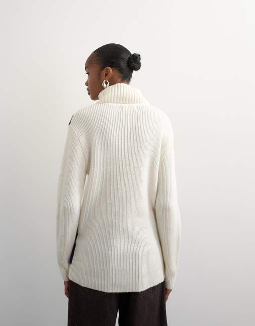 Topshop knitted turtleneck wool blend intarsia chevron sweater in ivory, 3 of 4