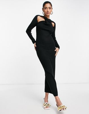 Topshop knitted twist front midi dress in black | ASOS