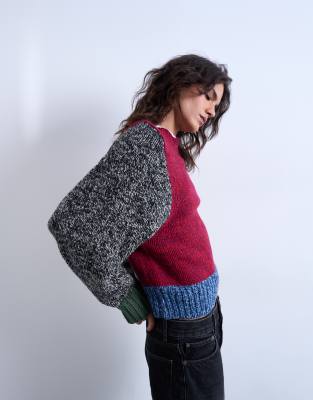Topshop Topshop knitted twist yarn patchwork volume sleeve jumper-Multi