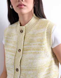 Model wearing Knitted twist yarn waistcoat in chartreuse yellow