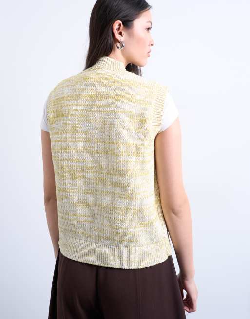 Topshop knitted twist yarn waistcoat in chartreuse yellow, 3 of 4