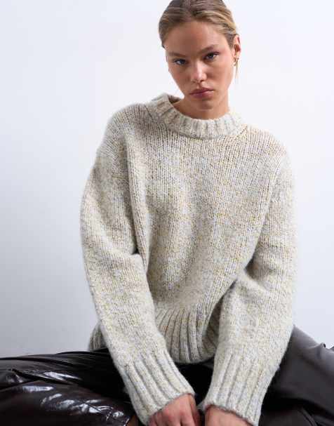 Topshop knitted twisted fluffy boxy jumper in blue and yellow - view 1