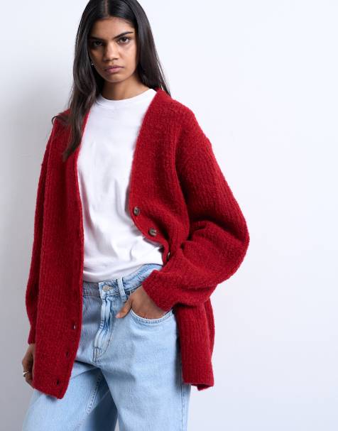 Topshop knitted ultimate boyfriend cardigan in red - view 1