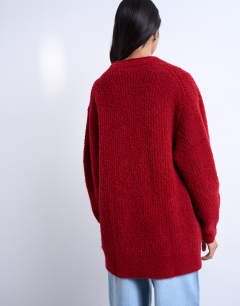 Model wearing Knitted ultimate boyfriend cardigan in red
