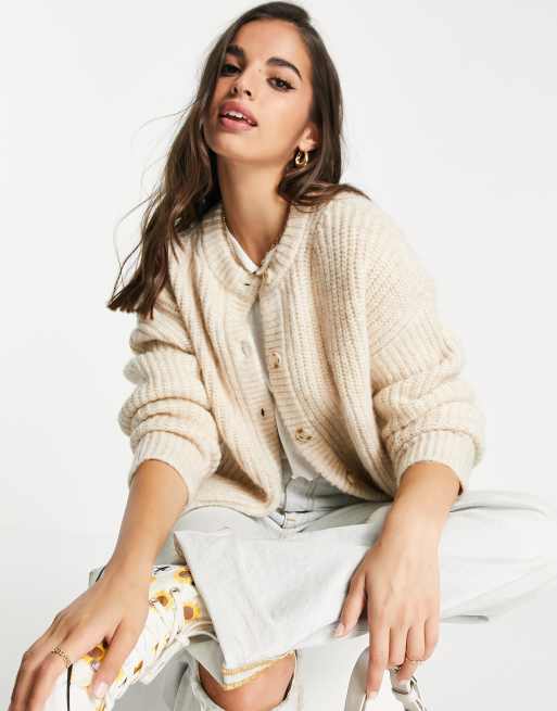 Topshop knitted ultimate crew neck cardi in sand