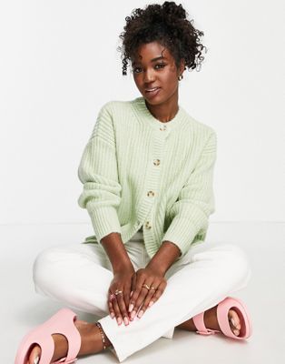 Topshop knitted ultimate crew neck cardi in sage