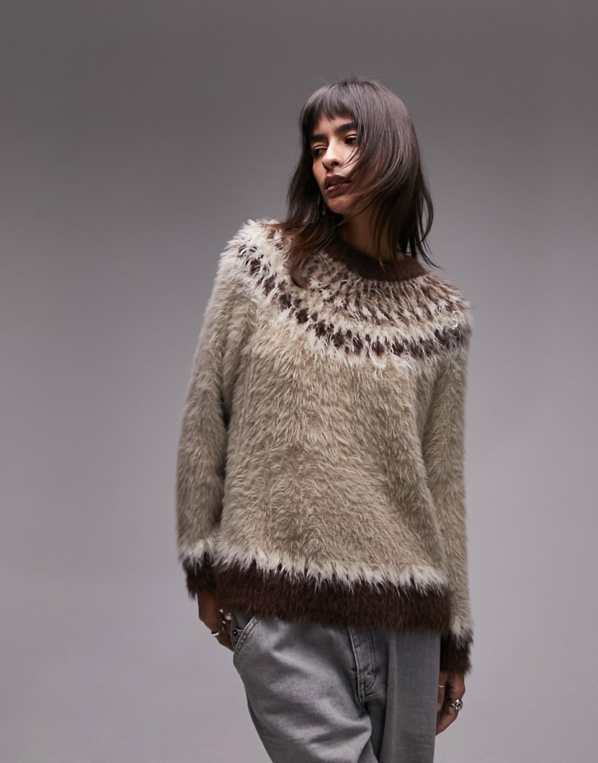 Topshop Knitted Ultra Fluffy Fairisle Sweater In Neutral