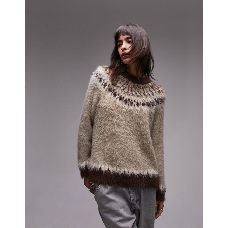 Topshop knitted ultra fluffy fairisle sweater in neutral