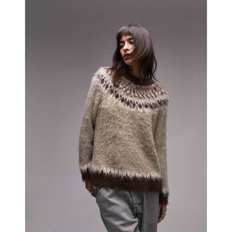 Topshop knitted ultra fluffy fairisle sweater in neutral | ASOS