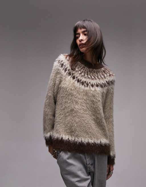 Topshop knitted ultra fluffy fairisle sweater in neutral ASOS