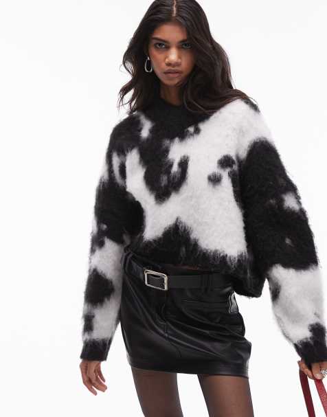 Topshop knitted ultra fluffy high v-neck sweater in cow print - view 1