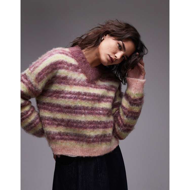 Topshop knitted ultra fluffy high v stripe sweater in multi