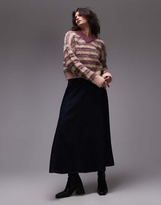 Topshop knitted ultra fluffy high v stripe sweater in multi | ASOS