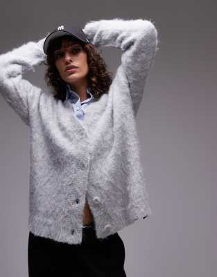 Topshop knitted ultra fluffy oversized cardigan in grey