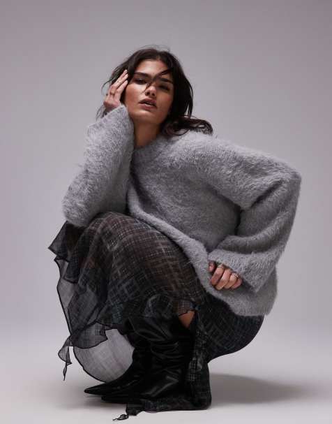 Topshop knitted ultra fluffy oversized jumper in grey - view 1