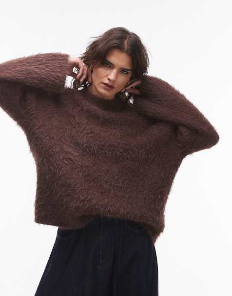 Topshop knitted ultra fluffy oversized sweater in chocolate - view 1
