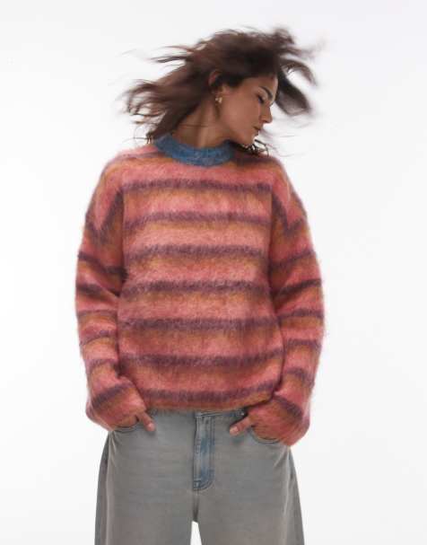 Topshop knitted ultra fluffy relaxed sweater in pink ochre and purple stripe - view 1