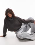 [Topshop] Topshop knitted ultra fluffy roll neck crop jumper in charcoal-Grey M CHARCOAL