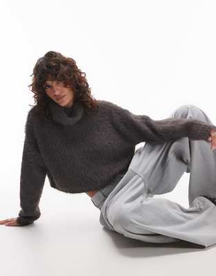 Topshop Knitted Ultra Fluffy Roll Neck Crop Sweater In Charcoal-gray