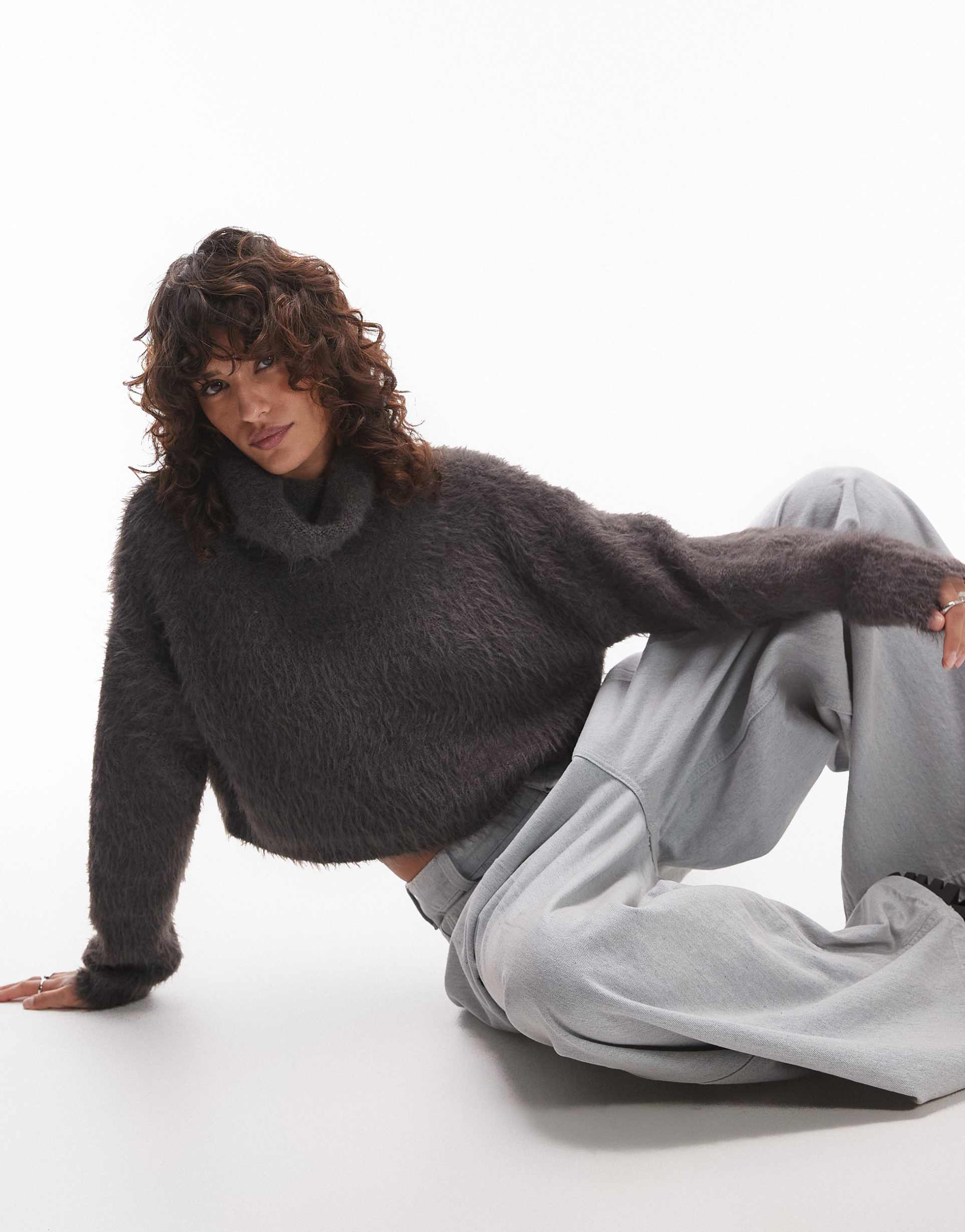 topshop knitted ultra fluffy roll neck crop sweater in charcoal