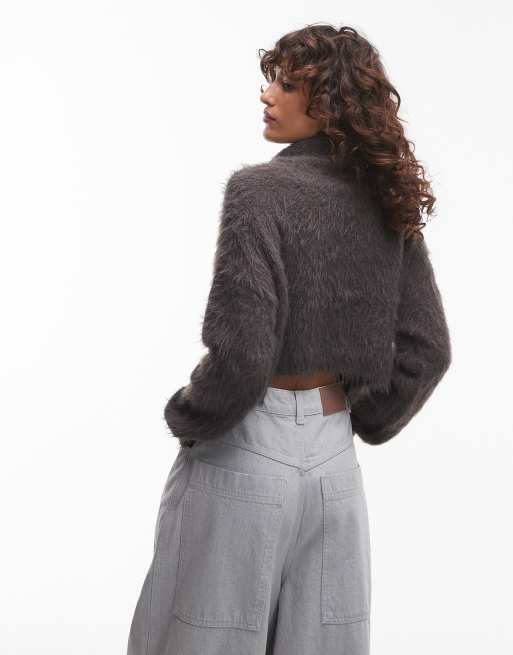 Topshop knitted ultra fluffy roll neck crop sweater in charcoal