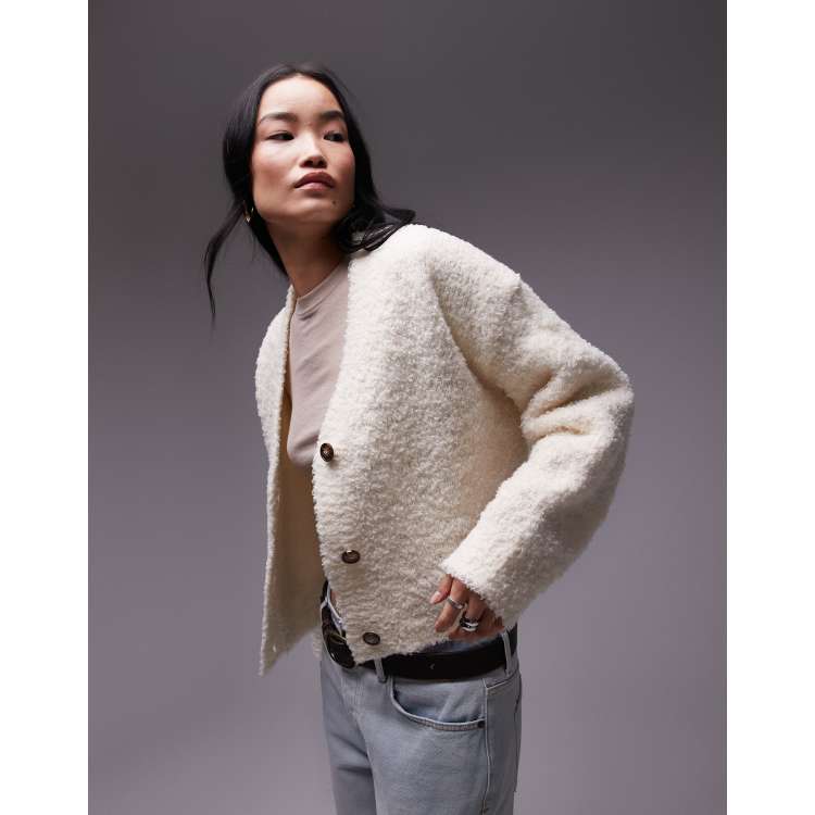 Topshop knitted v-neck boucle oversized cardigan in cream | ASOS