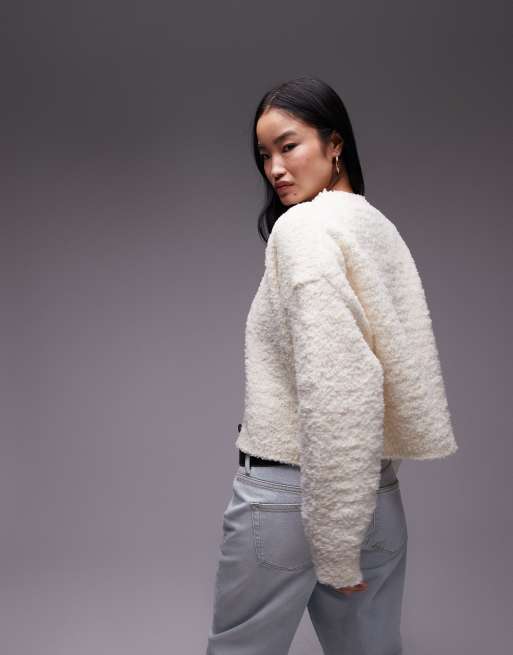 Topshop knitted v neck boucle oversized cardigan in cream ASOS
