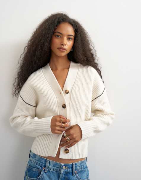 Topshop knitted v neck button front cardigan in ivory - view 1