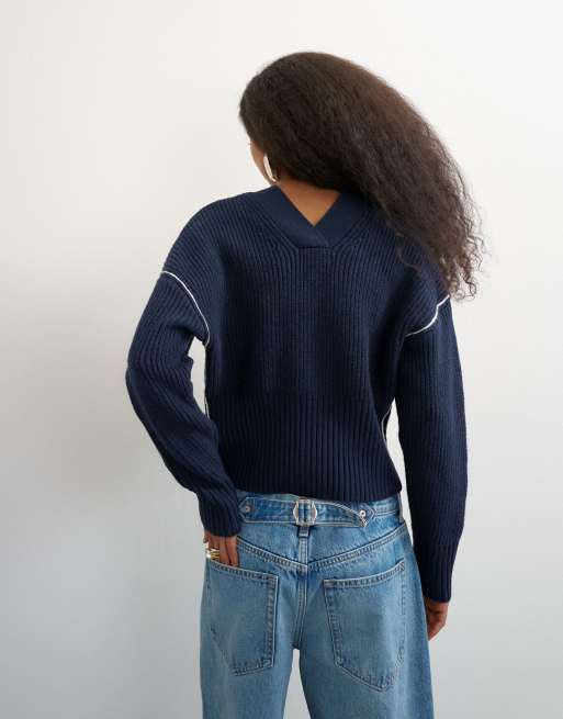 Topshop knitted v neck button front cardigan in midnight, 3 of 4