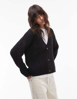 Topshop Knitted V-neck Cable Detail Relaxed Cardigan In Black