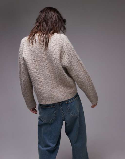 Topshop knitted v neck cable detail relaxed cardigan in oat