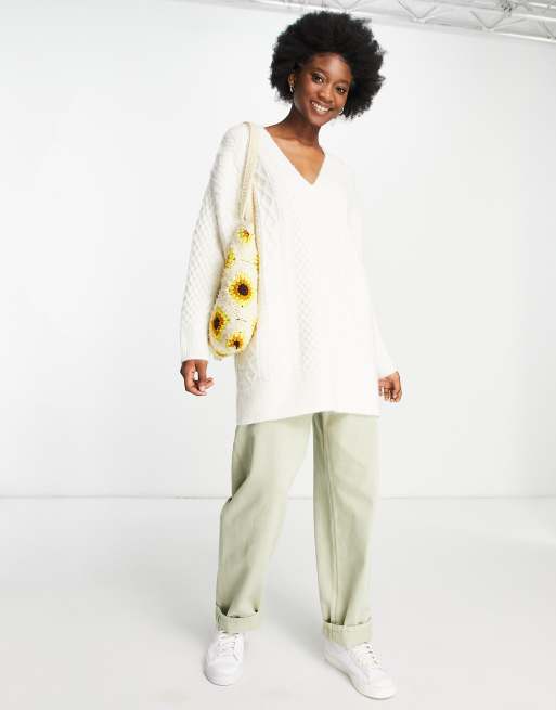 Topshop knitted v neck cable sweater in ivory