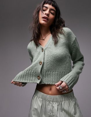 Topshop Knitted V-neck Cardigan In Green