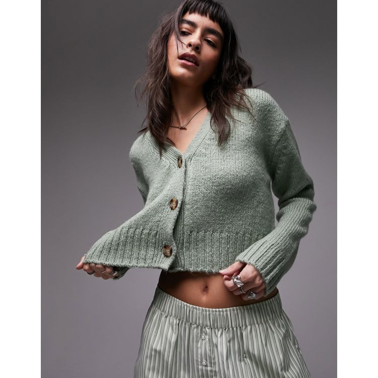 Topshop knitted v-neck cardigan in green | ASOS