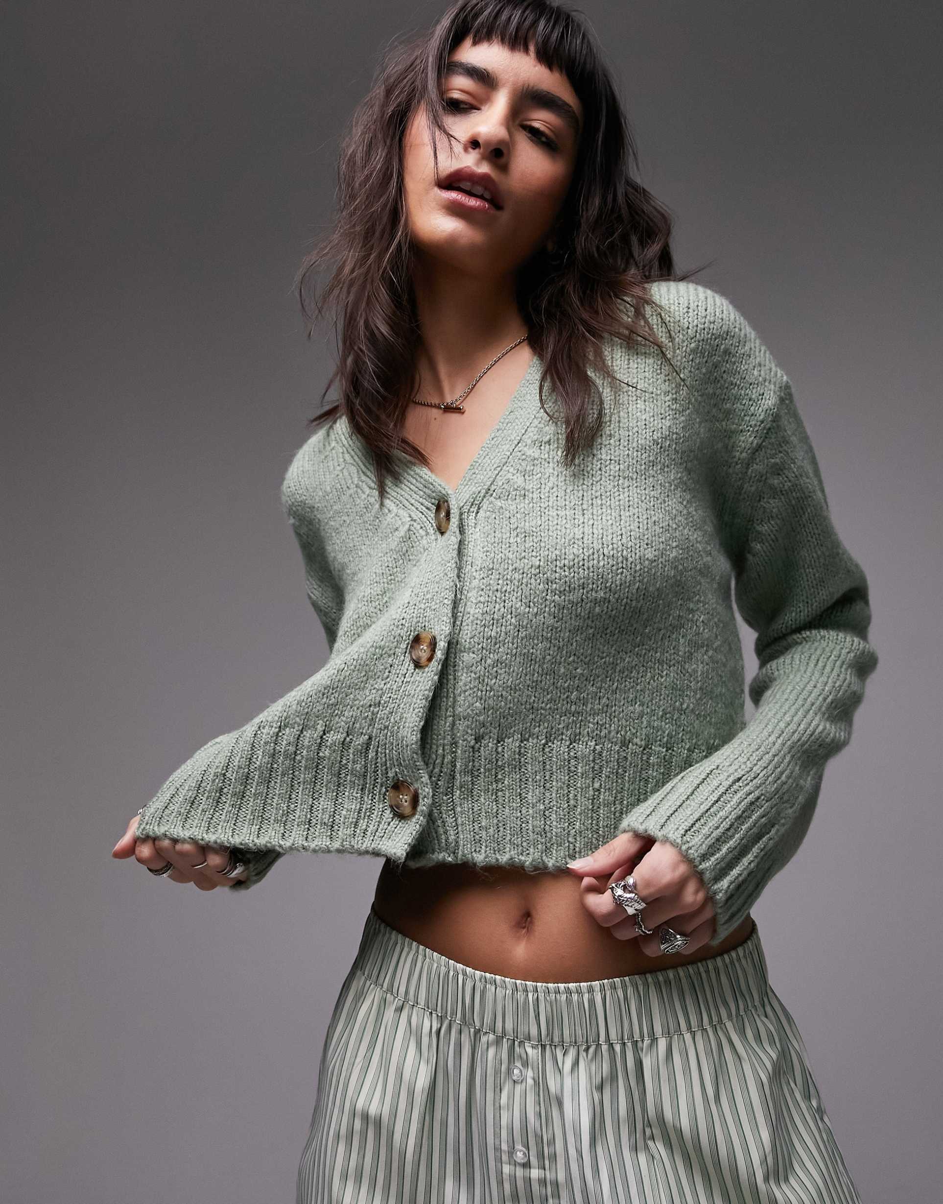 topshop knitted v-neck cardigan in green