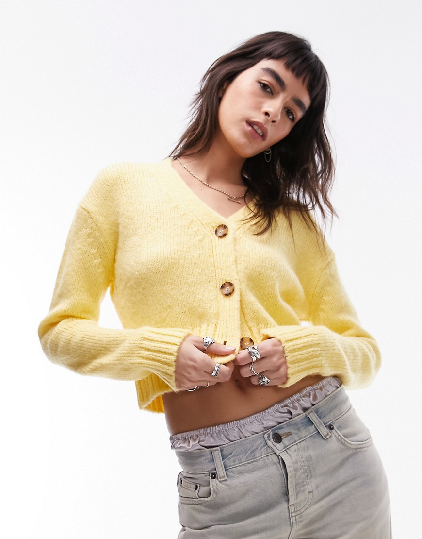 Topshop Knitted V-neck Cardigan In Lemon-yellow